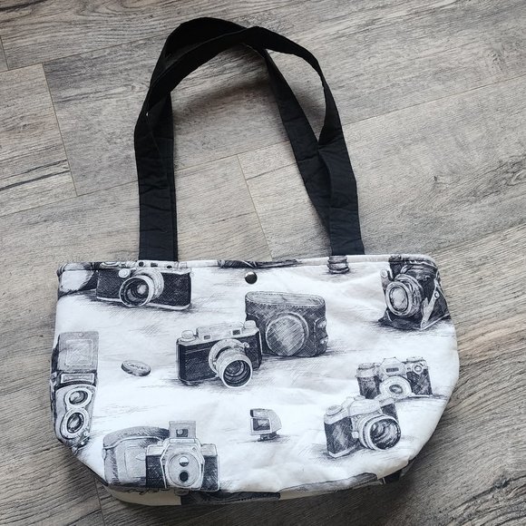Large Sketched Camera Handmade Black and White Tote Bag 16x10 - Picture 1 of 5